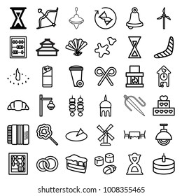 Traditional icons. set of 36 editable outline traditional icons such as hourglass, mosque, mill, boomerang, trash bin, bell, abacus, engagement ring, cake, fireplace