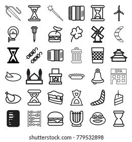 Traditional icons. set of 36 editable outline traditional icons such as hourglass, boomerang, clover, bell, ninja, harp, fireplace, piece of cake, burger with sausage