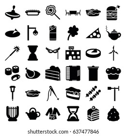Traditional icons set. set of 36 traditional filled icons such as berry, whirligig, teapot, spa building, clover, sparklers, trash bin, piece of cake, double burger with flag