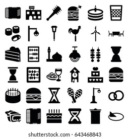 Traditional icons set. set of 36 traditional filled icons such as mosque, spa building, trash bin, abacus, cake, double burger with flag, cheeseburger, pie