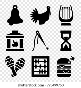 Traditional icons. set of 9 editable filled traditional icons such as bell, abacus, sewing, double burger with flag, turkey, maraca, hourglass, harp