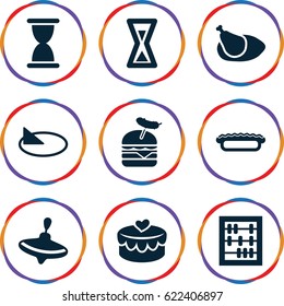 Traditional icons set. set of 9 traditional filled icons such as whirligig, burger with sausage, heart lock, pie, chicken, sundial, hourglass