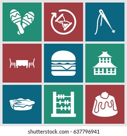 Traditional icons set. set of 9 traditional filled icons such as temple, cheeseburger, pie, maraca, restaurant table, hourglass, sewing