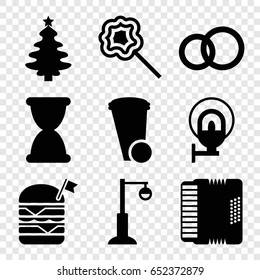 Traditional icons set. set of 9 traditional filled icons such as trash bin, double burger with flag, lollipop, street lamp, harmonic, hourglass, engagement ring