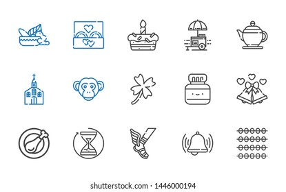 traditional icons set. Collection of traditional with abacus, bell, hermes, hourglass, chicken leg, wedding bells, chinese ink, clover. Editable and scalable traditional icons.