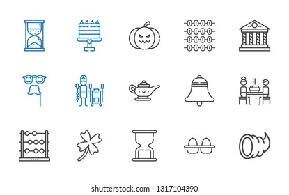 traditional icons set. Collection of traditional with cornucopia, eggs, hourglass, clover, abacus, korean, bell, magic lamp, tandoor. Editable and scalable traditional icons.
