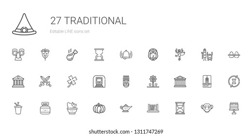 traditional icons set. Collection of traditional with hourglass, abacus, magic lamp, pumpkin, mortar, chinese ink, syrup, parthenon, windmill. Editable and scalable traditional icons.