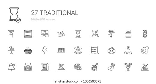traditional icons set. Collection of traditional with sock, native american, yarn ball, windmill, underground, church, bell, pumpkin. Editable and scalable traditional icons.