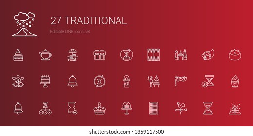 traditional icons set. Collection of traditional with weather vane, bookcase, cake, hourglass, bell, mask, german, lantern, wedding bells. Editable and scalable traditional icons.