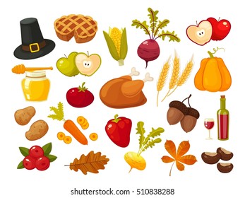 Traditional icons Thanksgiving Day set. Symbols of thanksgiving and family traditions elements for holiday design isolated on white background. Retro cartoon style vector illustration