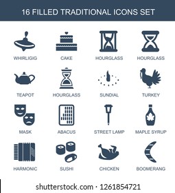 traditional icons. Trendy 16 traditional icons. Contain icons such as whirligig, cake, hourglass, teapot, sundial, turkey, mask, abacus, street lamp. traditional icon for web and mobile.