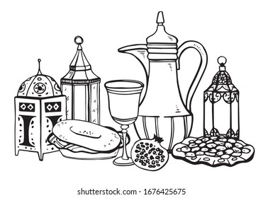 Traditional Iftar food. Utensils, lamps and meal. breaking of fast in Ramadan. Hand drawn outline vector sketch illustration