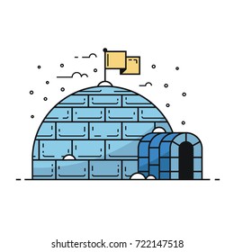 Traditional igloo by winter. Building with snowdrifts and icicles. Winter house illustration  in flat design.