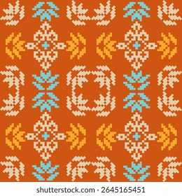 A traditional ikat design in rich orange and golden tones, accented with soft turquoise floral motifs. Ideal for ethnic-inspired textiles, summer prints, and digital fabrics.