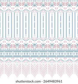 Traditional ikat fabric design with geometric patterns in deep black backdrop with orange, brown, and cross-stitch or pixelated repeat  In shades of blue, pink, and red