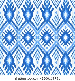 Traditional Ikat Fabric Pattern, Geometric, Bright Blue Ikat Fabric Pattern, Seamless Ethnic Ikat Fabric, Textile Illustration, Pattern, Wrap Design, Silk, Scarf, Background, Textile, Carpet, Texture