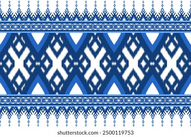 Traditional Ikat Fabric Pattern, Geometric, Bright Blue Ikat Fabric Pattern, Seamless Ethnic Ikat Fabric, Textile Illustration, Pattern, Wrap Design, Silk, Scarf, Background, Textile, Carpet, Texture