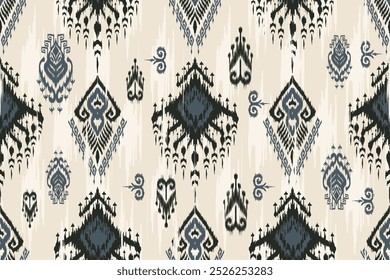 Padrão tradicional Ikat com motivos geométricos étnicos em preto, cinza e creme, design têxtil abstrato sem costura para tecidos de moda, estofamento, decoração caseira, arte boêmia e artesanato cultural