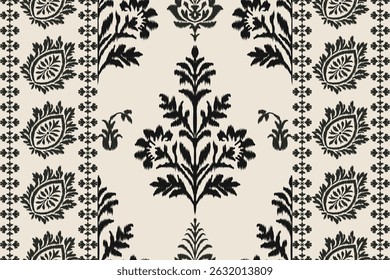 Traditional ikat pattern in black on beige background with floral and ornamental motifs. Seamless ethnic textile design perfect for fabric, home decor, wallpaper, and surface pattern.