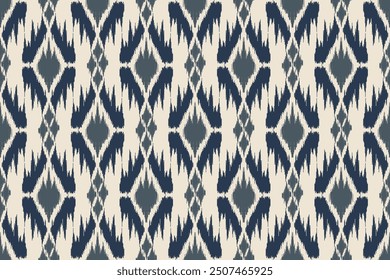 Patrón tradicional de Ikat en tonos azules y blancos con diseños abstractos geométricos. Perfecto para la impresión de la tela y aplicaciones de la moda. Este patrón étnico sin fisuras captura la esencia del arte tribal.