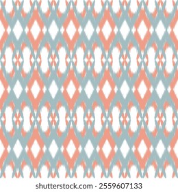 Traditional Ikat Pattern with Coral and Teal Diamond Motifs. Design for Carpet, wallpaper, clothing, wrapping, fabric, cover, textile.
