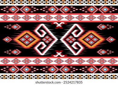 Traditionelles Ikat-Muster mit geometrischen und Herzmotiven in rot, orange und weiß auf schwarzem Hintergrund. Perfekt für textile Designs, Wohnkultur und Modeartikel, die von ethnischen Handwerken inspiriert sind.