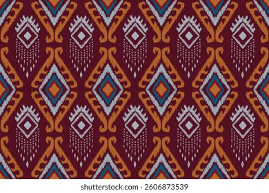 Traditional Ikat Pattern in Rich Burgundy and Gold Seamless Southeast Asian Textile with Tribal Motifs Handwoven Ikat Fabric Design in Warm Color Palette Cultural Geometric Weave with Ethnic 