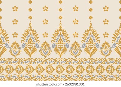 Traditional ikat pattern seamless textile design in yellow and blue color scheme. Ethnic bohemian fabric ornament for fashion, home decor, crafts, wallpaper, wrapping paper, and surface design.