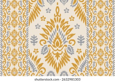 Traditional ikat pattern seamless textile design in yellow and blue color scheme. Ethnic bohemian fabric ornament for fashion, home decor, crafts, wallpaper, wrapping paper, and surface design.