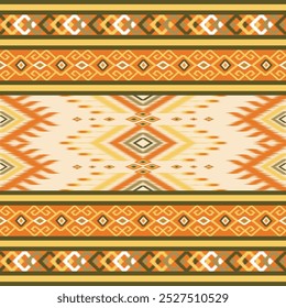 A traditional ikat pattern in warm earthy tones of orange, brown, and beige. Featuring geometric diamond shapes and intricate motifs, perfect for fabric, home decor, and ethnic-inspired design project