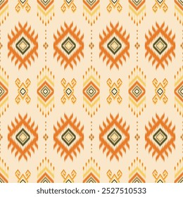 A traditional ikat pattern in warm earthy tones of orange, brown, and beige. Featuring geometric diamond shapes and intricate motifs, perfect for fabric, home decor, and ethnic-inspired design project