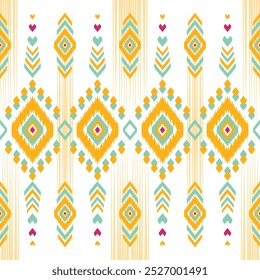 Traditional ikat patterns with bright geometric shapes in shades of blue, green, yellow and orange are perfect for textile design, home decor, rugs and fashion. 
