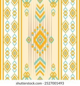Los patrones tradicionales ikat con Formas geométricas brillantes en tonos de azul, verde, amarillo y naranja son perfectos para el diseño textil, la decoración del hogar, las alfombras y la moda. 