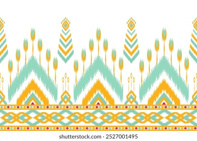 Padrões de ikat tradicionais com formas geométricas brilhantes em tons de azul, verde, amarelo e laranja são perfeitos para o design têxtil, decoração de casa, tapetes e moda. 