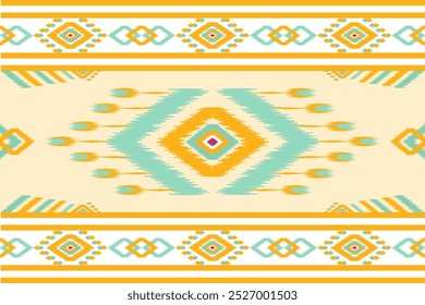 Traditional ikat patterns with bright geometric shapes in shades of blue, green, yellow and orange are perfect for textile design, home decor, rugs and fashion. 
