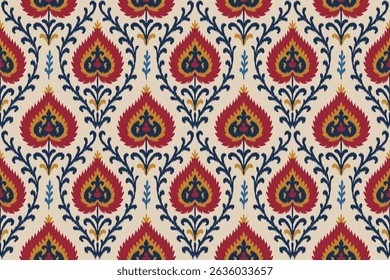 Traditional ikat seamless pattern with red, blue, and yellow floral elements on beige background, ethnic textile design for fabric, wallpaper, fashion prints, home decor and crafts.