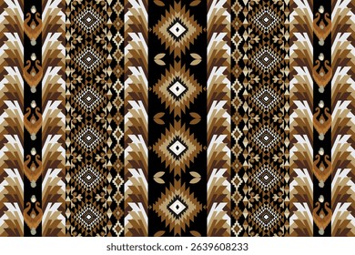 Traditional ikat seamless pattern in warm golden yellow and brown tones with tribal geometric elements. Ideal for textiles, fashion prints, and ethnic backgrounds.