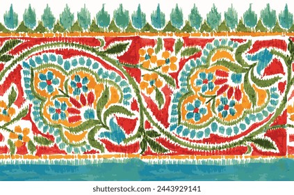 Traditional Ikat Textile Embroidery Border, paisley border design.