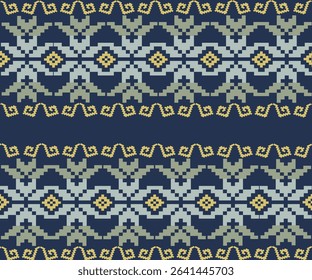 A traditional ikat-inspired pattern in a pixel style, featuring navy blue and beige tones. The geometric motifs blend classic ethnic textile influences with a modern digital twist—perfect for fabric.