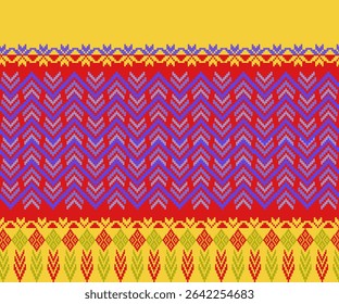 A traditional ikat-inspired pattern in a pixel style, featuring bone yellow and red tones. The geometric motifs blend classic ethnic textile influences with a modern digital twist—perfect for fabric, 