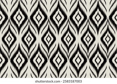 A traditional Ikat-style graphic pattern featuring repeating diamond-shaped geometric designs in black and white. The edges of the patterns have a feathered or brushstroke effect, adding a natural.