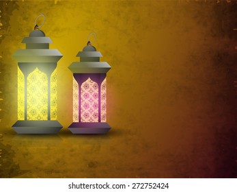 Traditional illuminated arabic lamps or lanterns on grungy background for holy month of muslim community, Ramadan Kareem celebration.