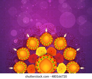 Traditional illuminated oil lit lamps with colorful flowers for Indian festival of lights, Happy Diwali concept. 