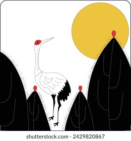 Traditional illustration with moon and trees.