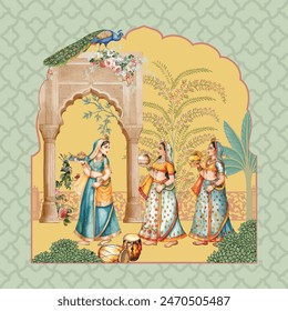 Traditional Illustration of a Mughal Queen and Her Maids Celebrating a Wedding Procession, peacock with garden art for wallpaper