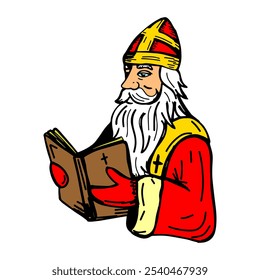 A traditional illustration of Saint Nicholas, depicted as a bishop holding a holy book, symbolizing Christian heritage and festive folklore