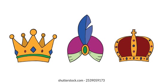 Traditional illustration of the Three Wise Men's crowns - Melchior, Gaspar, and Balthazar - for Epiphany celebration.