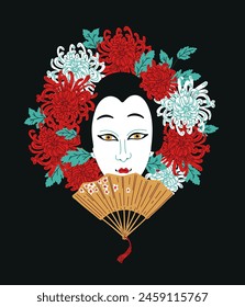 A traditional image with a female Kabuki theater actress with a beautiful rice paper fan and red and white chrysanthemums. An icon for decorations and theatrical motifs.