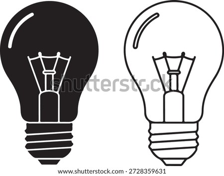Traditional incandescent light bulb graphics for creative concepts. Symbol of invention and bright solutions. Electric lighting equipment for home and office. Pair of high contrast icons for educational materials or business presentation regarding creativity.