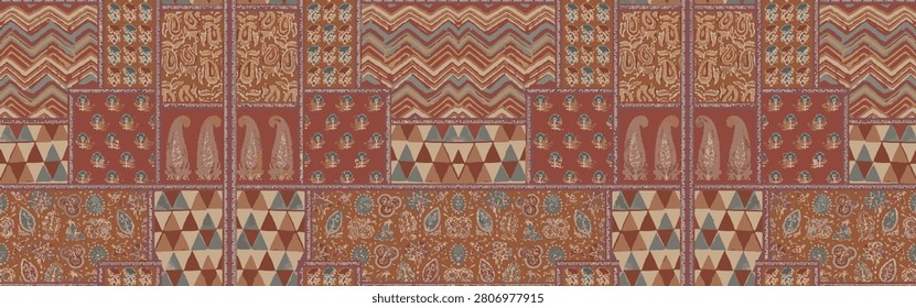 Traditional Indian ajrakh and paisley patchwork border pattern. Seamless ethnic geometric tribal design with chevron and triangle motifs in terracotta, rust red, and ochre earth tones for fabric print and saree.